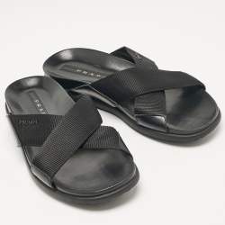 Prada Black Canvas and Leather Crisscross Flat Slides Size 40