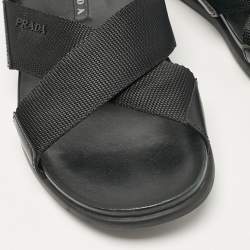 Prada Black Canvas and Leather Crisscross Flat Slides Size 40