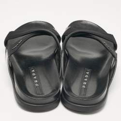 Prada Black Canvas and Leather Crisscross Flat Slides Size 40