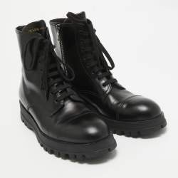 Prada Black Leather Lace Up Combat Boots Size 41