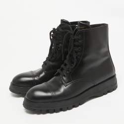 Prada Black Leather Lace Up Combat Boots Size 41