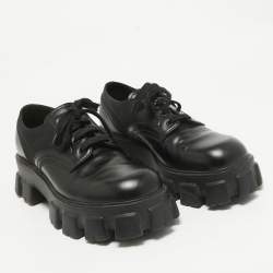 Pre Owned Prada Black Leather And Nylon Lace up Monolith Sneakers Size 42.5