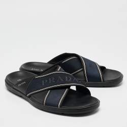 Prada Blue Leather and Canvas Logo Tape Crisscross Slides Size 43