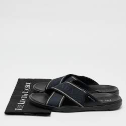Prada Blue Leather and Canvas Logo Tape Crisscross Slides Size 43