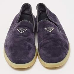 مملوكة مسبقًا Prada Navy Blue Leather and Suede Slip On Sneakers Size 43