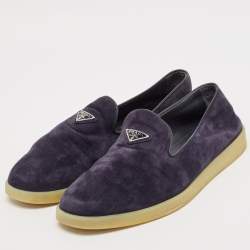 مملوكة مسبقًا Prada Navy Blue Leather and Suede Slip On Sneakers Size 43