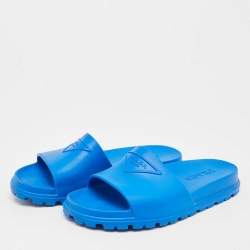Prada Blue Rubber Triangle Logo Soft Pool Slides Size 42