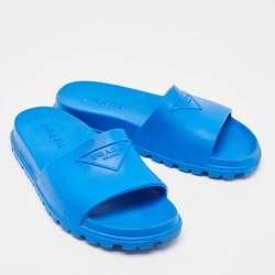 Prada Blue Rubber Triangle Logo Soft Pool Slides Size 42