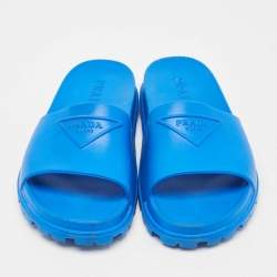Prada Blue Rubber Triangle Logo Soft Pool Slides Size 42