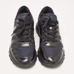 مملوكة مسبقًا Prada Black/Navy Blue  Leather and Nylon Low Top Sneakers Size 44.5