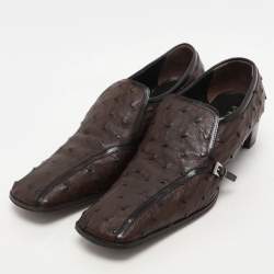 Prada Brown Ostrich Leather Belted Loafers Size 40.5