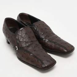 Prada Brown Ostrich Leather Belted Loafers Size 40.5