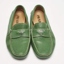 Prada Green Leather Logo Slip On Loafers Size 40