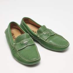 Prada Green Leather Logo Slip On Loafers Size 40
