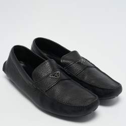 Prada Black Leather Triangle Logo Driver Slip On Loafers Size 43.5