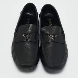 Prada Black Leather Triangle Logo Driver Slip On Loafers Size 43.5