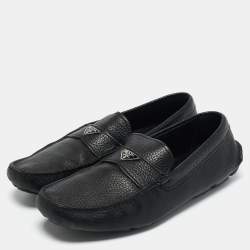 Prada Black Leather Triangle Logo Driver Slip On Loafers Size 43.5