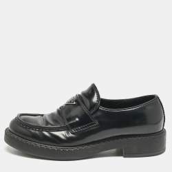 Prada Black Brushed Leather Logo Loafers Size 42