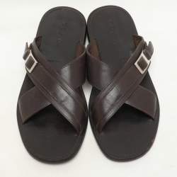 Prada Brown Leather Crisscross Slide Sandals Size 43.5