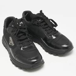 Prada Black Leather and Nylon Triangle Logo Low Top Sneakers Size 42