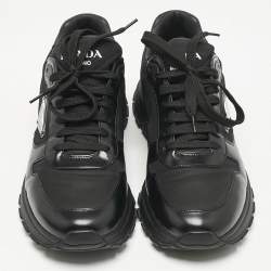 Prada Black Leather and Nylon Triangle Logo Low Top Sneakers Size 42