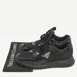 Prada Black Leather and Nylon Triangle Logo Low Top Sneakers Size 42