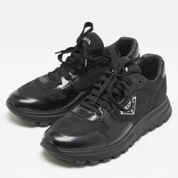 Prada Black Leather and Nylon Triangle Logo Low Top Sneakers Size 42