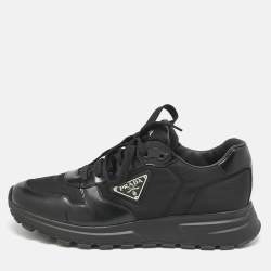 Prada Black Leather and Nylon Triangle Logo Low Top Sneakers Size 42