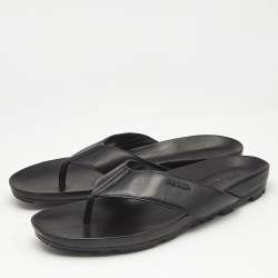 Prada Black Leather Thong Flat Sandals Size 46