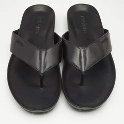 Prada Black Leather Thong Flat Sandals Size 46