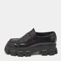 Prada Black Brushed Leather Monolith Loafers Size 42
