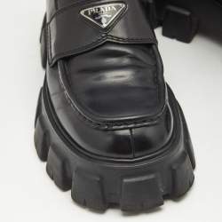 Prada Black Brushed Leather Monolith Loafers Size 42