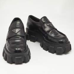 Prada Black Brushed Leather Monolith Loafers Size 42
