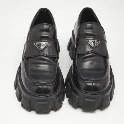 Prada Black Brushed Leather Monolith Loafers Size 42
