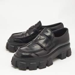 Prada Black Brushed Leather Monolith Loafers Size 42