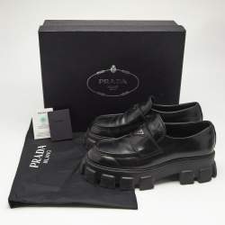 Prada Black Brushed Leather Monolith Loafers Size 42