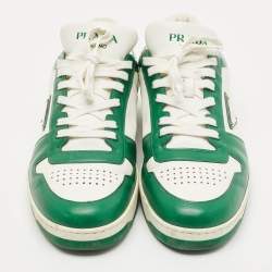 مملوكة مسبقًا Prada White/Green Leather Downtown Low Top Sneakers Size 45