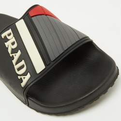 Pre Owned Prada Black Rubber Logo Flat Pool Slide Sandals Size 40