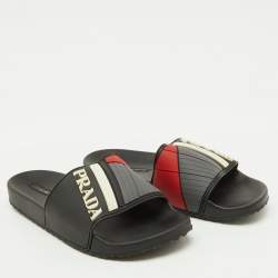 Pre Owned Prada Black Rubber Logo Flat Pool Slide Sandals Size 40