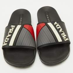 Pre Owned Prada Black Rubber Logo Flat Pool Slide Sandals Size 40