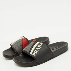 Pre Owned Prada Black Rubber Logo Flat Pool Slide Sandals Size 40