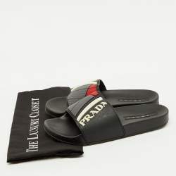 Pre Owned Prada Black Rubber Logo Flat Pool Slide Sandals Size 40
