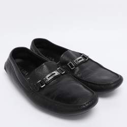 Pre Owned Prada Black Leather Logo Slip On Loafers Size 46