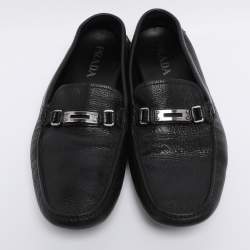 Pre Owned Prada Black Leather Logo Slip On Loafers Size 46