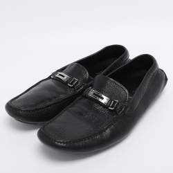 Pre Owned Prada Black Leather Logo Slip On Loafers Size 46