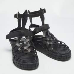 Pre Owned Prada Black Leather Gladiator Flat Sandals Size 40