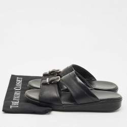 Pre Owned Prada Black Saffiano Leather Buckle Slide Flat Sandals Size 41