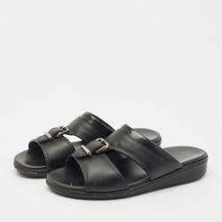 Pre Owned Prada Black Saffiano Leather Buckle Slide Flat Sandals Size 41