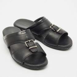 Pre Owned Prada Black Saffiano Leather Buckle Slide Flat Sandals Size 41