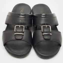 Pre Owned Prada Black Saffiano Leather Buckle Slide Flat Sandals Size 41